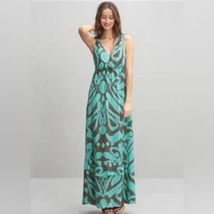 Banana  Republic Silk Printed Ruffled Hem Maxi Long Dress Turquoise Brown sz 8